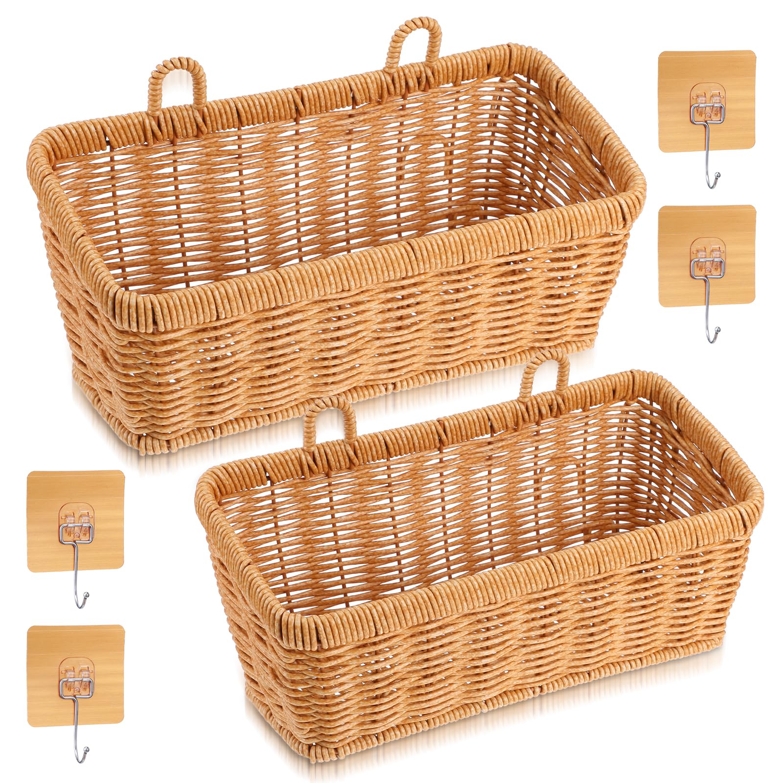 Photo 1 of 2 Pcs Woven Hanging Wall Baskets for Storage Boho Style Hanging Storage Plastic Woven Baskets with 4 Hooks for Kitchen Garden Living Room(Light Brown, Imitation Rattan Plastic)