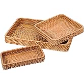 BOHUIZ Rattan Serving Tray Set of 3, Rectangle Woven Tray Natural Wicker Serving Trays Wicker Storage Basket Decorative for Kitchen Bathroom Table Counter Organizing