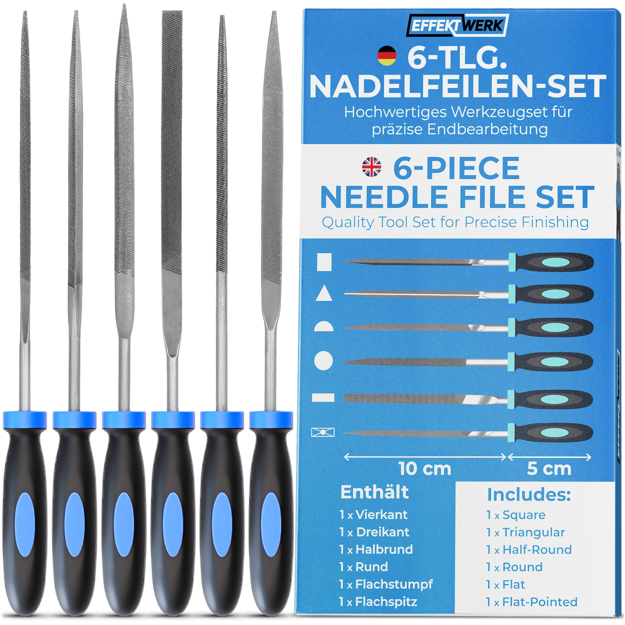 EffektWerk - 6 pc Needle File Set for Wood, Metal, Plastic and Jewellery - 150x3mm - Small Round, Half Round, Square, Triangle, Flat and Flat Pointed Files - Fine Finishing with Ergonomic Handles