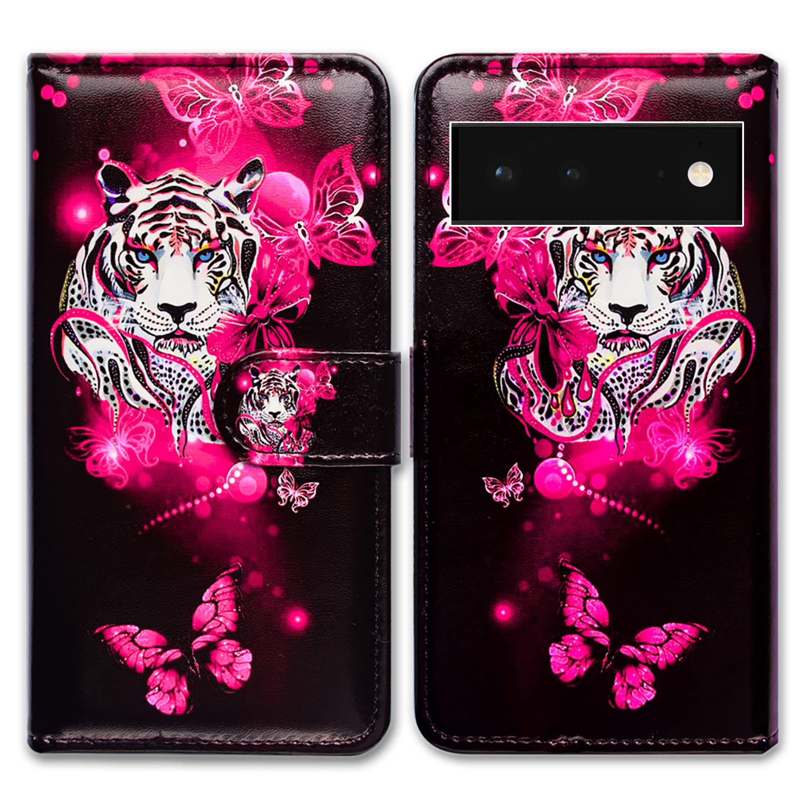Bcov Google Pixel 6 Case, White Tiger Butterfly Leather Flip Phone Case Wallet Cover with Card Slot Holder Kickstand For Google Pixel 6