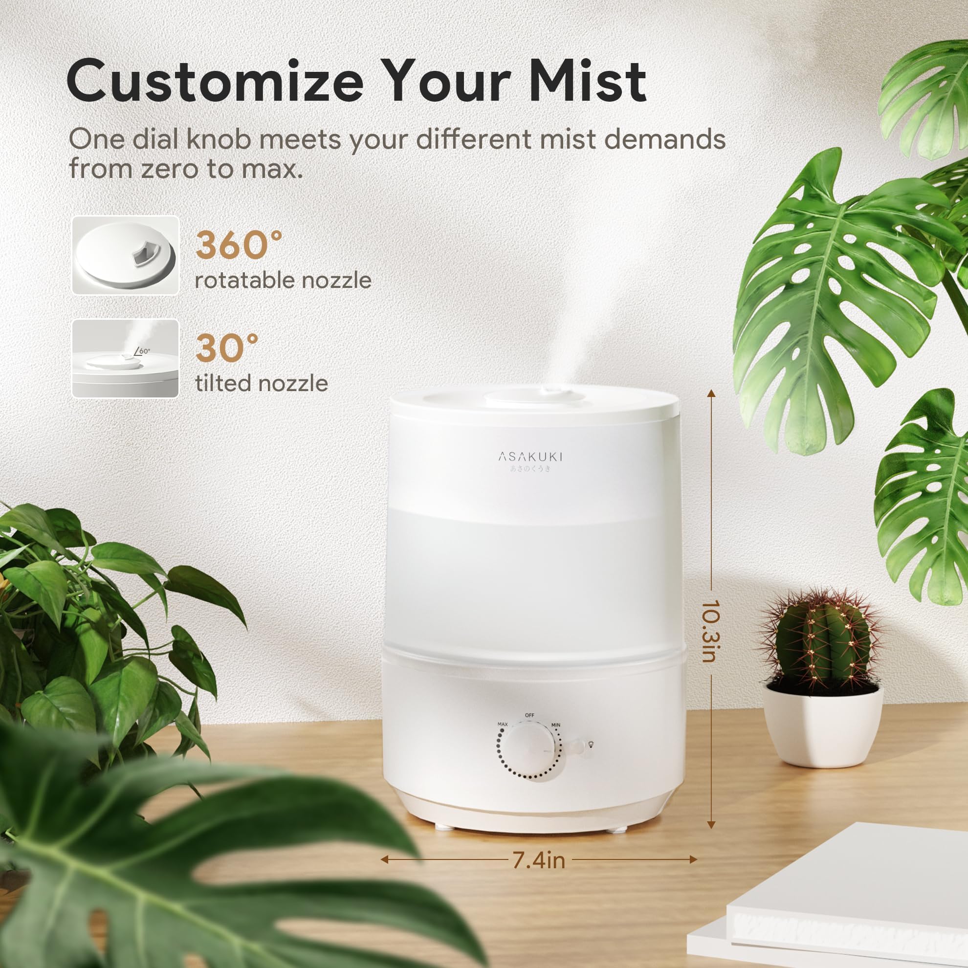 ASAKUKI Humidifiers for Bedroom, 3L Top Fill Cool Mist Air Humidifier & Aroma Diffuser with Night Light for Baby Nursery & Plants, Ultrasonic Quiet, Easy Clean, Auto Shut-Off, BPA Safe, 30H