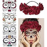 4 Kits Day of the Dead Sugar Skull Temporary Face Tattoo Makeup Tattoo for Men and Women with 1 Rose Red Flower Crown Headband for Halloween Costume