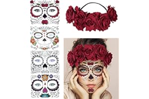 AFSTEE 4 Kits Day of the Dead Sugar Skull Temporary Face Tattoo Makeup Tattoo for Men and Women with 1 Rose Red Flower Crown Headband for Halloween Costume