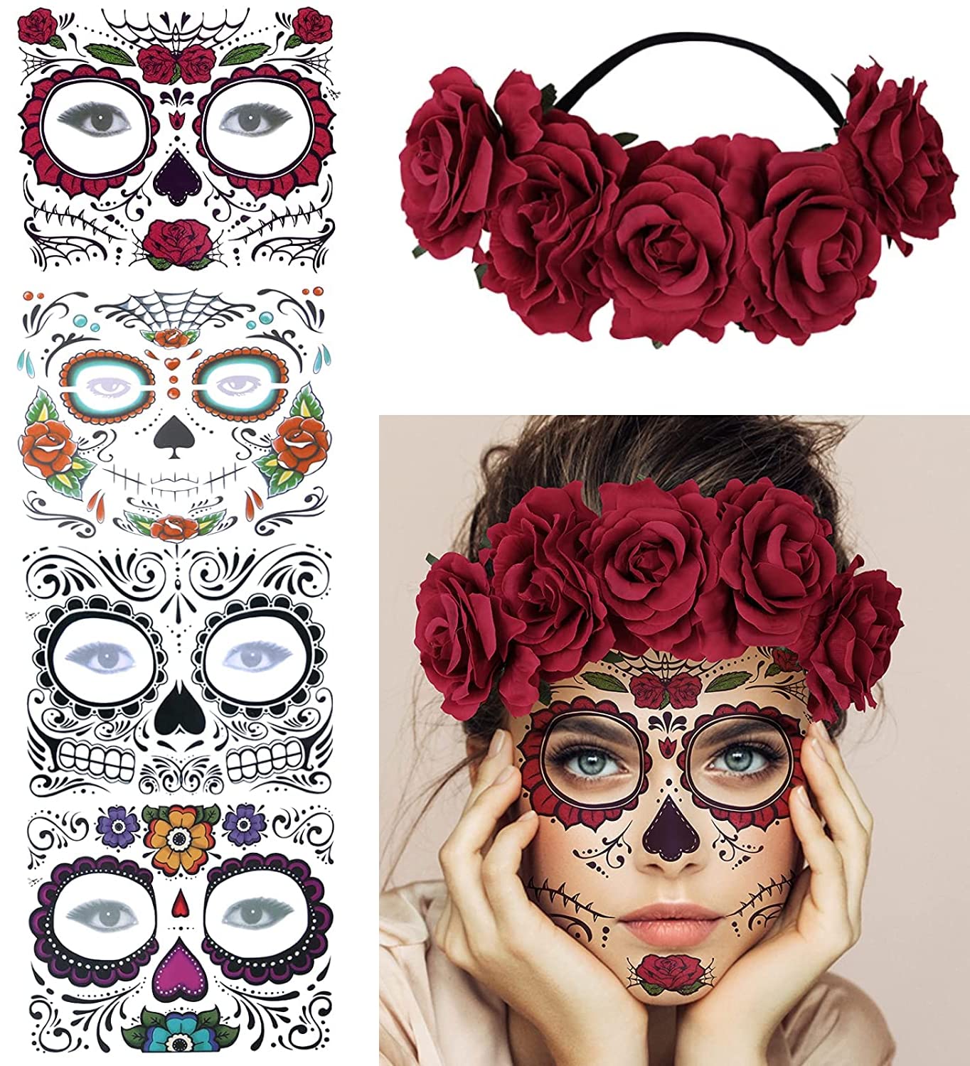 Photo 1 of 4 Kits Day of the Dead Sugar Skull Temporary Face Tattoo Makeup Tattoo for Men and Women with 1 Rose Red Flower Crown Headband for Halloween Costume