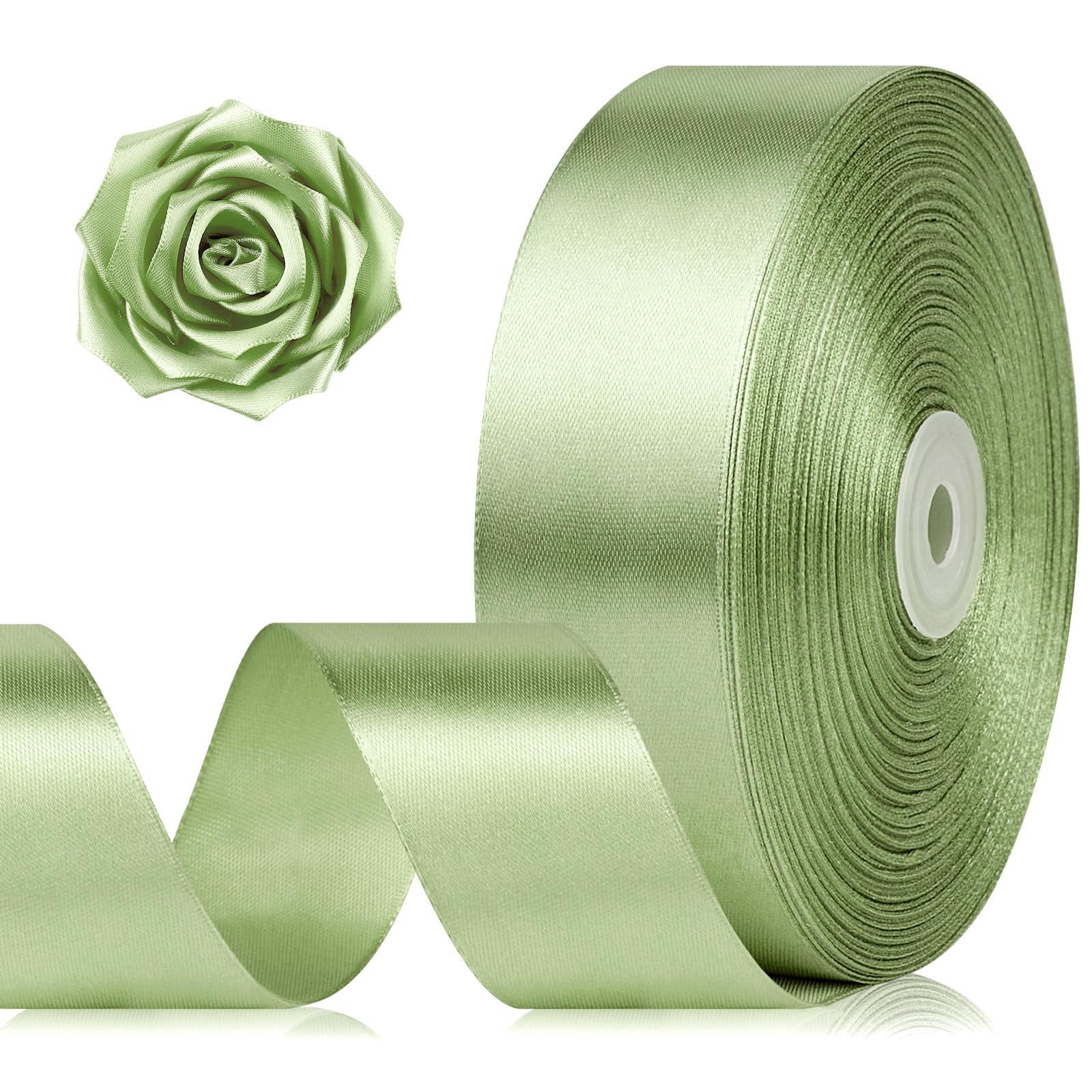 Photo 1 of 1-1/2 Inch 100 Yards Sage Green Satin Ribbon, Solid Fabric Ribbon Roll for Flower Bouquet, Gift Wrapping, Roses Making, Handmade Crafts