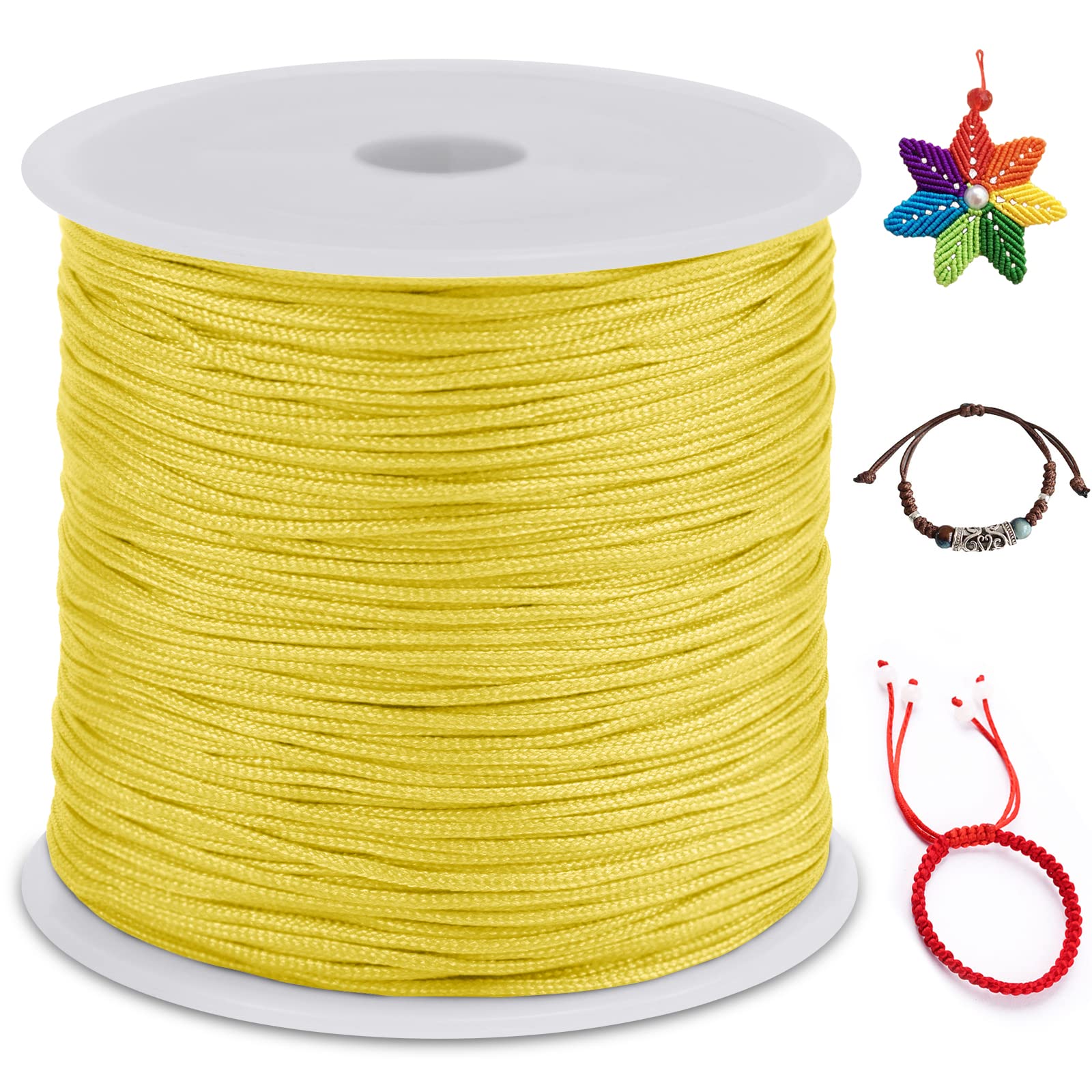 LEREATI Nylon Cord 0.8mm x 100m, Satin Cord Nylon String Macrame Cord, Coloured Beading Thread String for Making Bracelet, Necklace, Chinese Knot, Jewellery (Lemon Yellow)