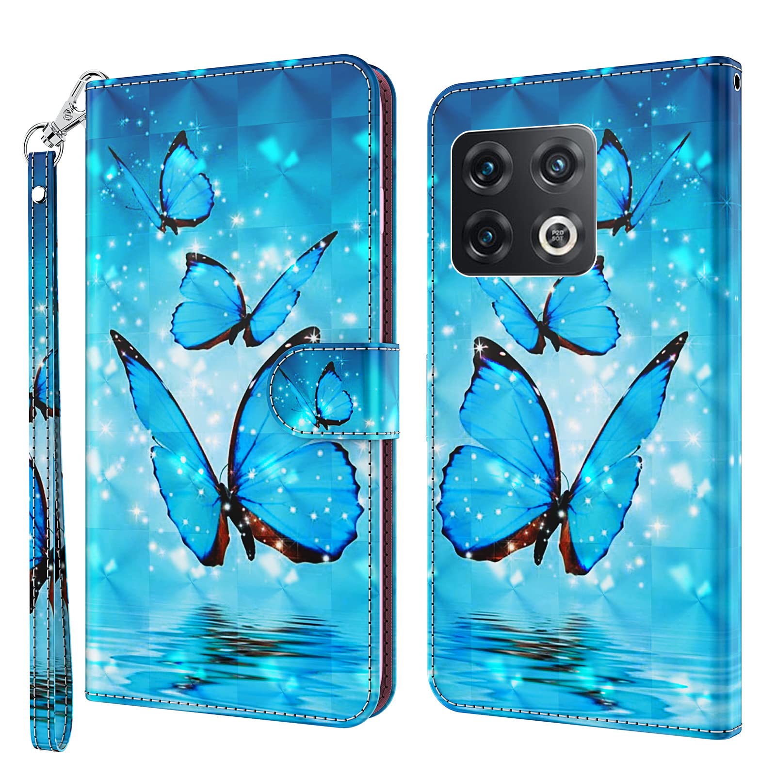 GLANDOTU OnePlus 10 Pro Case 6.7 inch, Flip Folio Wallet PU Leather Cover with Magnetic Button, Standing Function Full-Body Protective for One Plus 10 Pro 5G Phone Cases 【Blue butterfly】