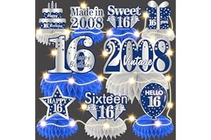 Bumqviy 9Pcs Happy 16th Birthday Honeycomb Centerpieces Decorations with String Lights for Boys, Blue Silver Vintage 2008 Table Centerpieces Party Supplies, Sixteen Years Old Party Table Toppers Decor