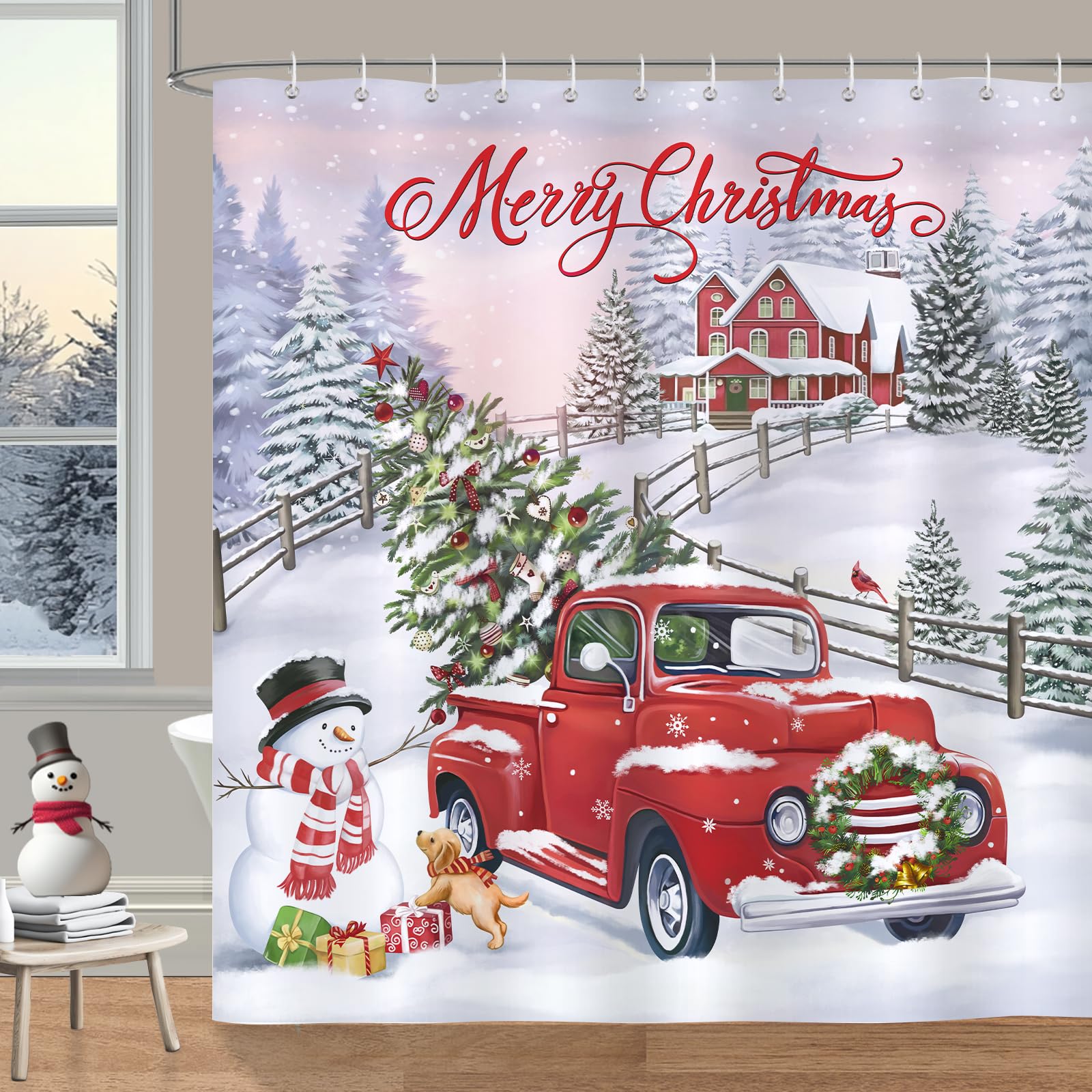 Bonhause Merry Christmas Shower Curtain, Red Truck Xmas Tree Winter Farmhouse Bathroom Curtain 180 x 180 cm Waterproof Mildew and Mould Resistant Polyester Fabric Bath Curtain with 12 Hooks