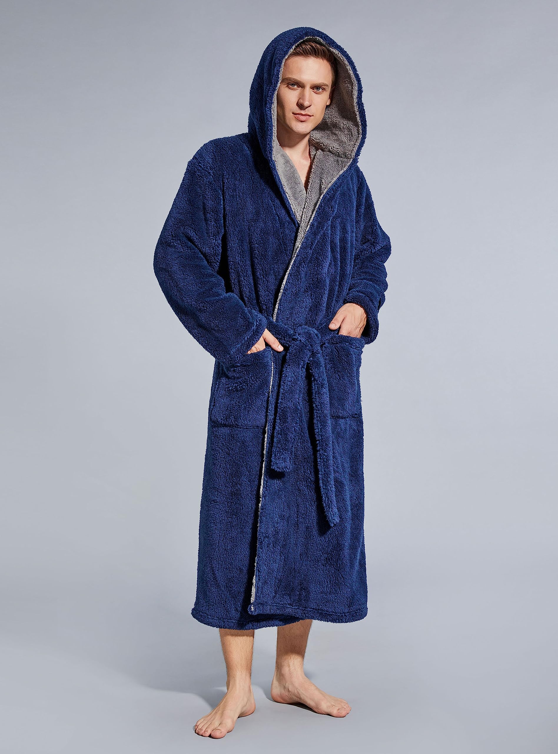 Mens Fleece Plush Robe (Navy Blue)