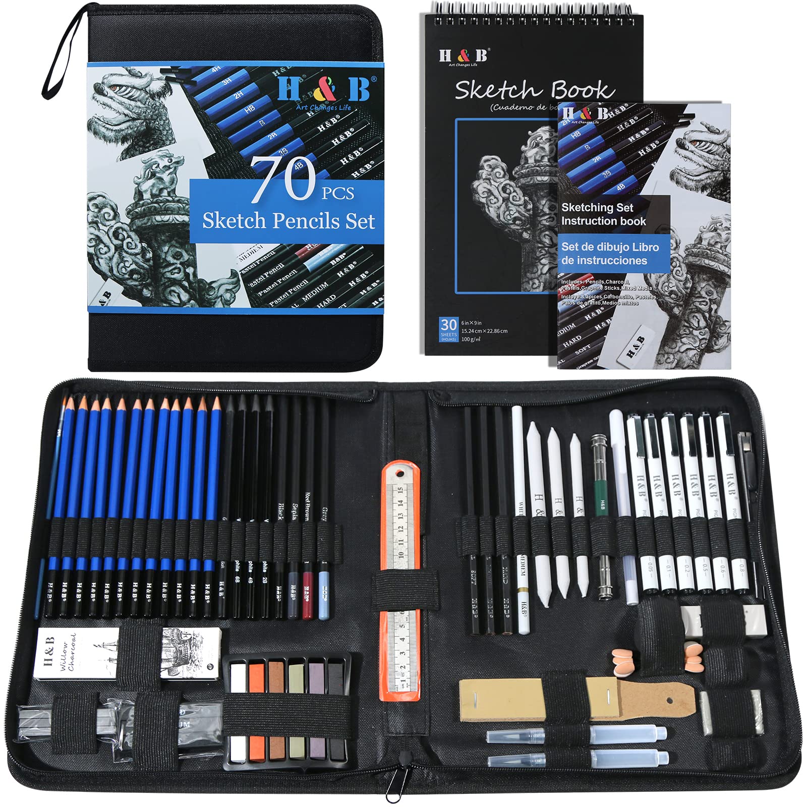 H & B 70 Pack Sketching Pencil Set with Sketchbook, Professional Sketch Pencils for Drawing, Art Supplies for Adults, Artists, Beginners