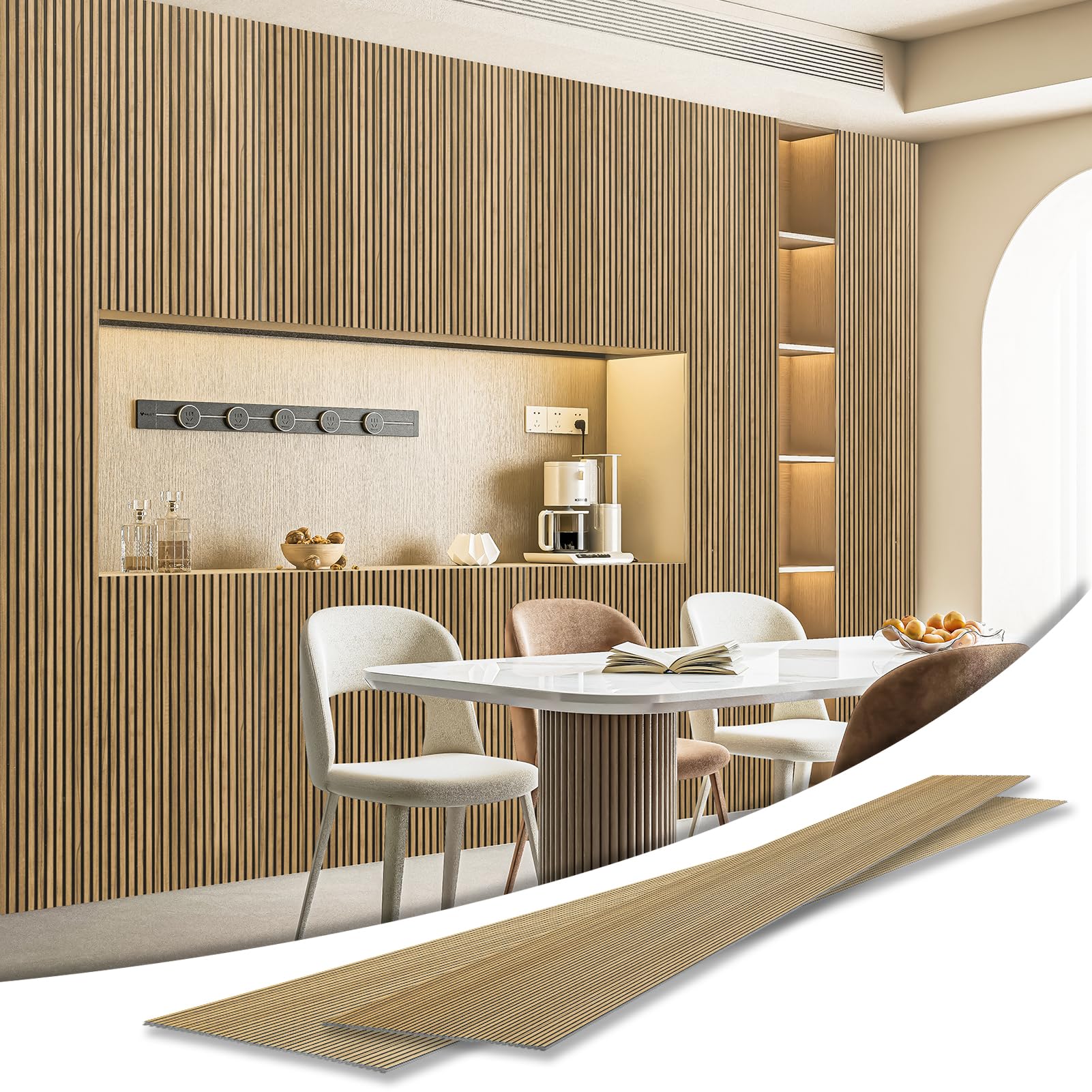 Photo 1 of Art3d 4-Pack Glue-On Fine Bar Wainscoting Panel for Interior Wall Decor - 104 x 12 Inch Polystyrene Ultralight Slim Slat Wall Panels for Living Room Bedroom, Teak