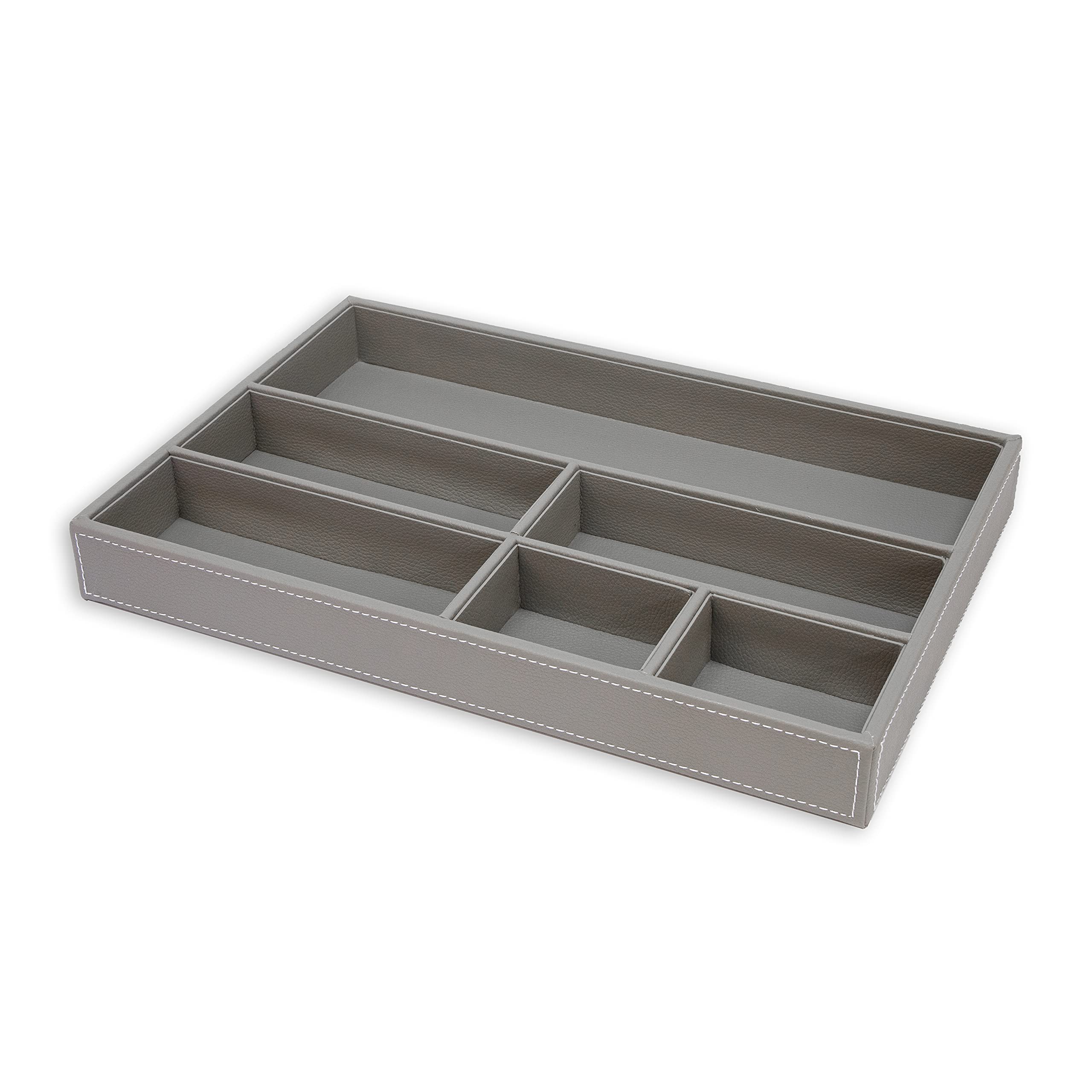 OSCO Grey Faux Leather Drawer Organiser Tray – Modern Minimalist Stationery & Jewellery Display – Drawer Tidy Tray for Office, Home & Bedroom – H4 × W34 × D22.5 cm