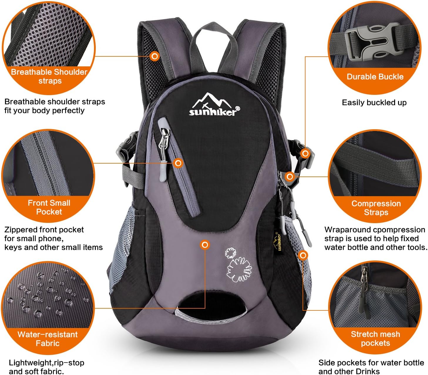 Cycling Hiking Backpack Sunhiker Water Resistant Travel Backpack Lightweight SMALL Daypack M0714 (Black)