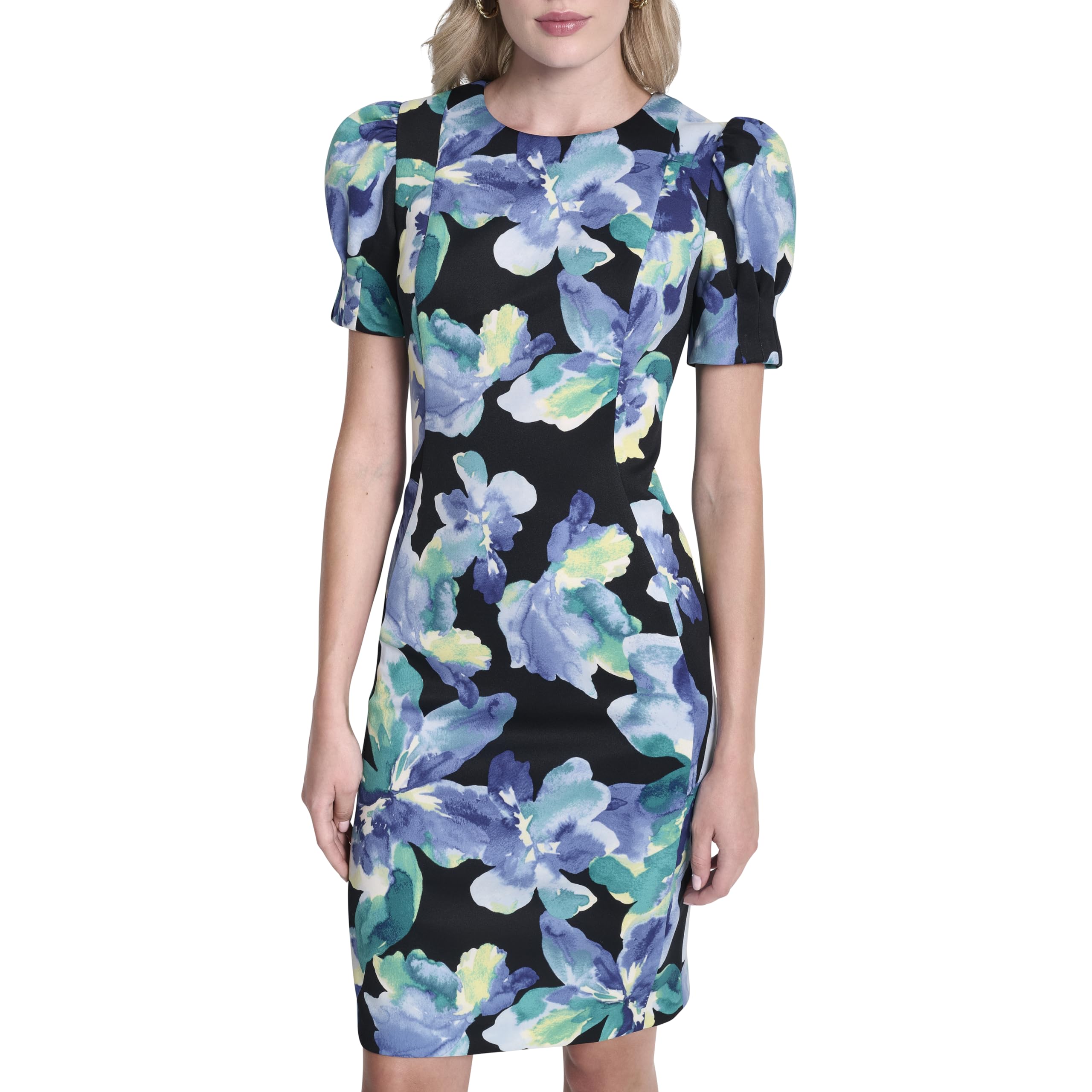 DKNY Women’s Short Puff Sleeve Knee Length Sheath Dress with Exposed Back Zipper, Spring Navy Multi, 10