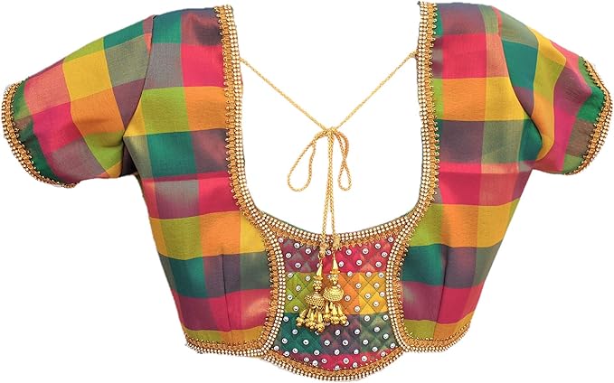 Noories Corner Women's Tissue MultiColour Design Gold Shining Readymade Blouse (Size: 32-46)