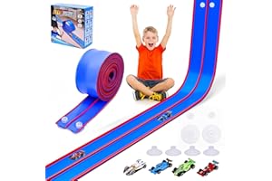 FUTESI Flexible Race Car Track for Kids 15 Ft Flex Tracks Starter Set Compatible with Diecast 1/64th Cars Portable Rolls Up Race Tracks with Strong Suction Cups Birthday Gifts for Boys Girls Ages 3+