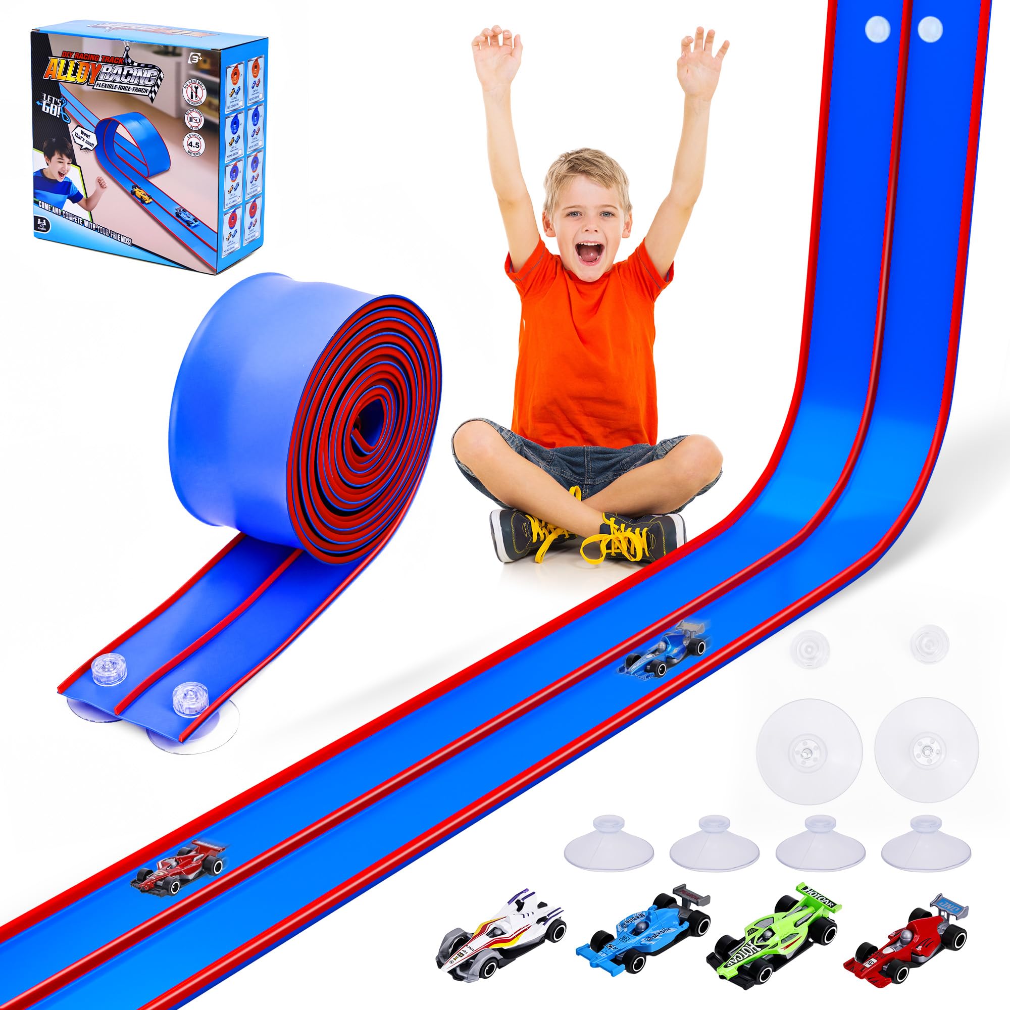 4.5m Flexible Race Car Track for Kids, Double-Sided Racetrack and Dual Racetrack,Compatible with 1:64 Diecast Cars, Portable Roll Up Track Toy for 3 4 5 6 7 8 Year Old Boys (Red Blue) — image 1
