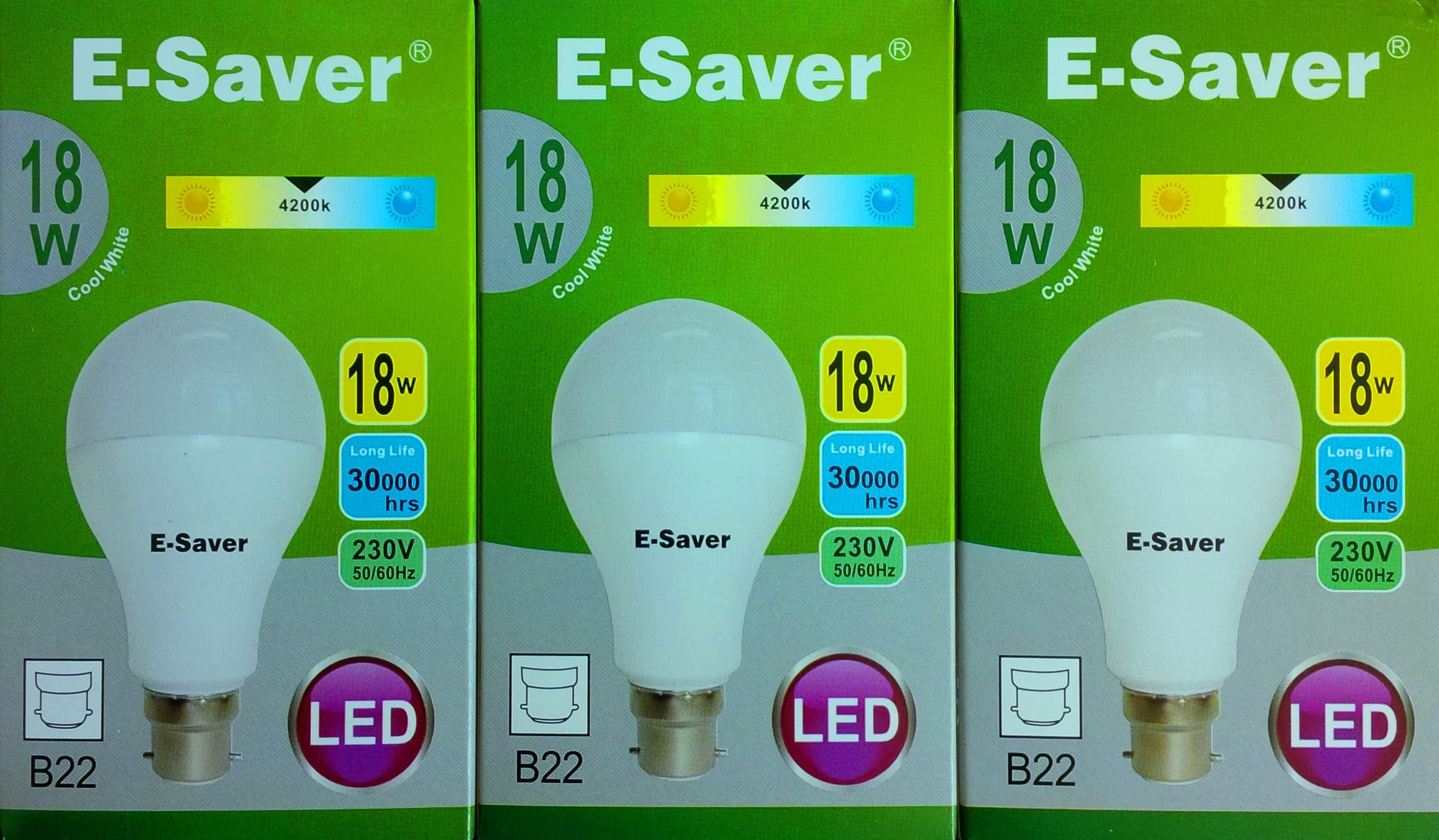 E-Saver - LED Standard GLS A60 (Globe) - Led Light Bulbs - 18w - (Pack of 3) - Cool White 4200k - Bayonet Light Bulb - (B22- B22d)