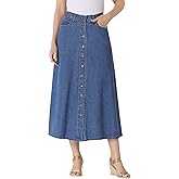 Woman Within Plus Size Perfect Side-Elastic All-Cotton Button Front Denim Jeans Skirt
