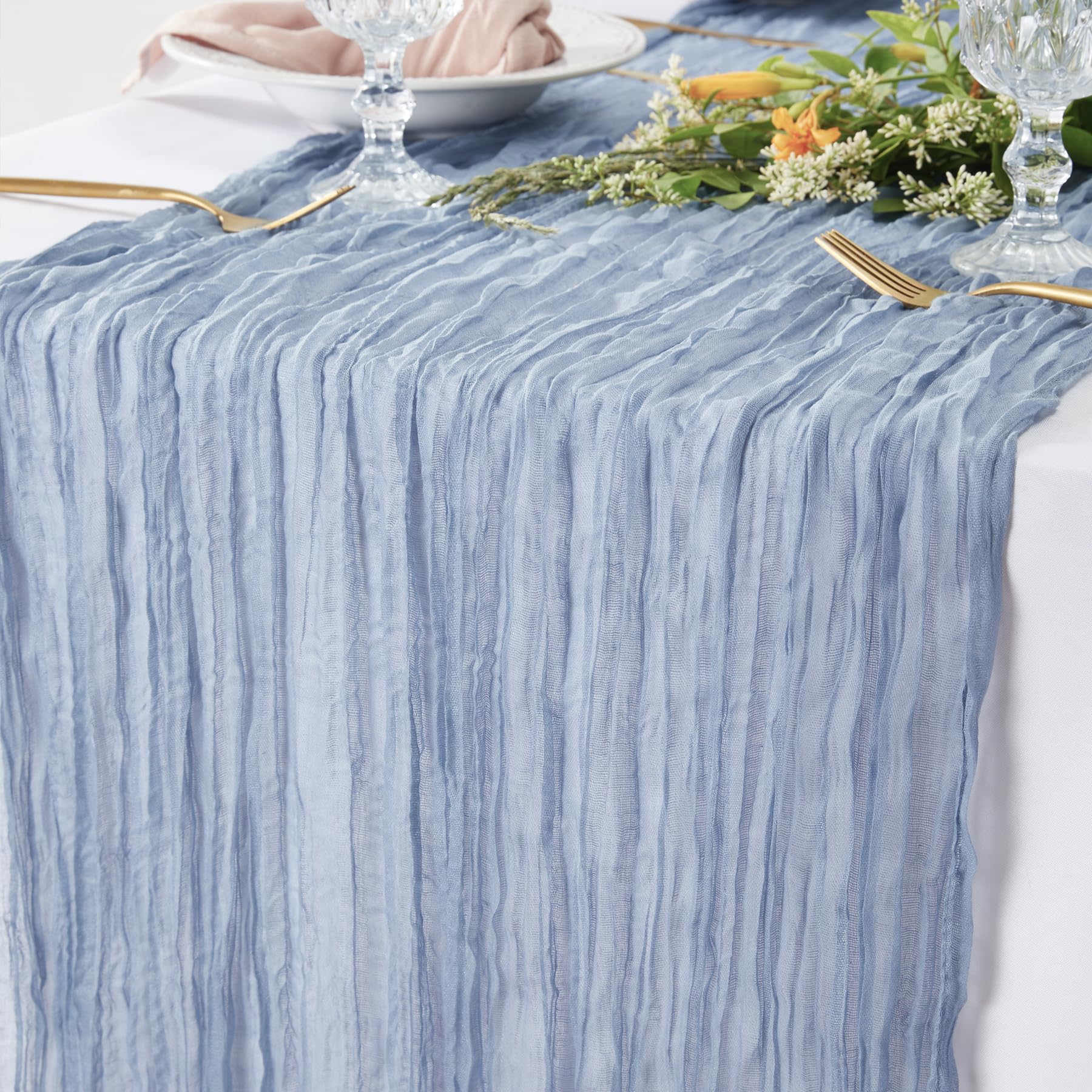 Photo 1 of 2 Pieces 10FT Dusty Blue Cheesecloth Table Runners for Gender Reveal Decorations Gauze Cheese Cloth Table Runner Rustic Sheer Table Runner for Wedding Bridal Shower Birthday Party Table Decorations