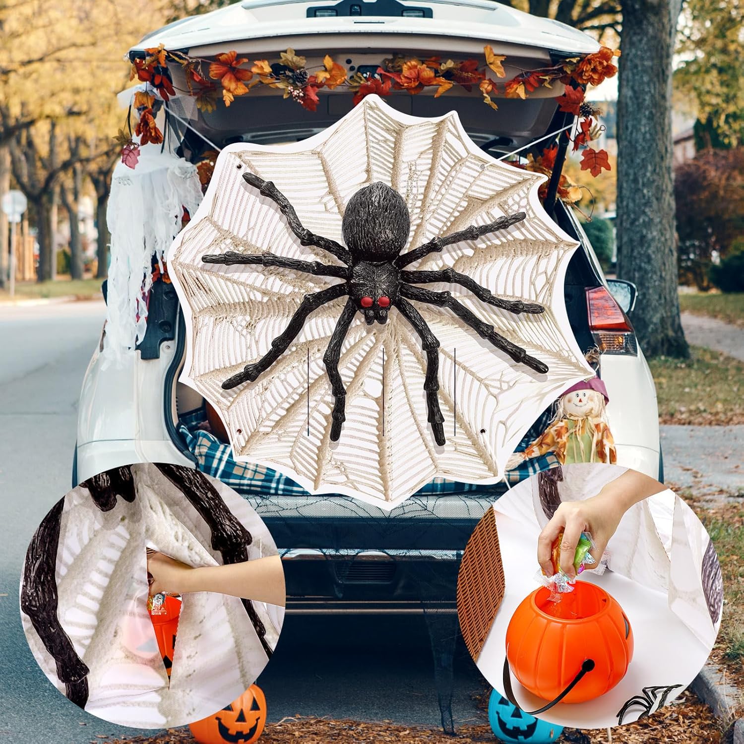 Garage Door Decorations - Liliful Halloween Trunk or Treat Car Decorations Kit Spider Web Car Archway Garage Decoration Halloween Decorations Car Trunk for Halloween Outdoor Car Party Decorations 66 x 65.5 Inch