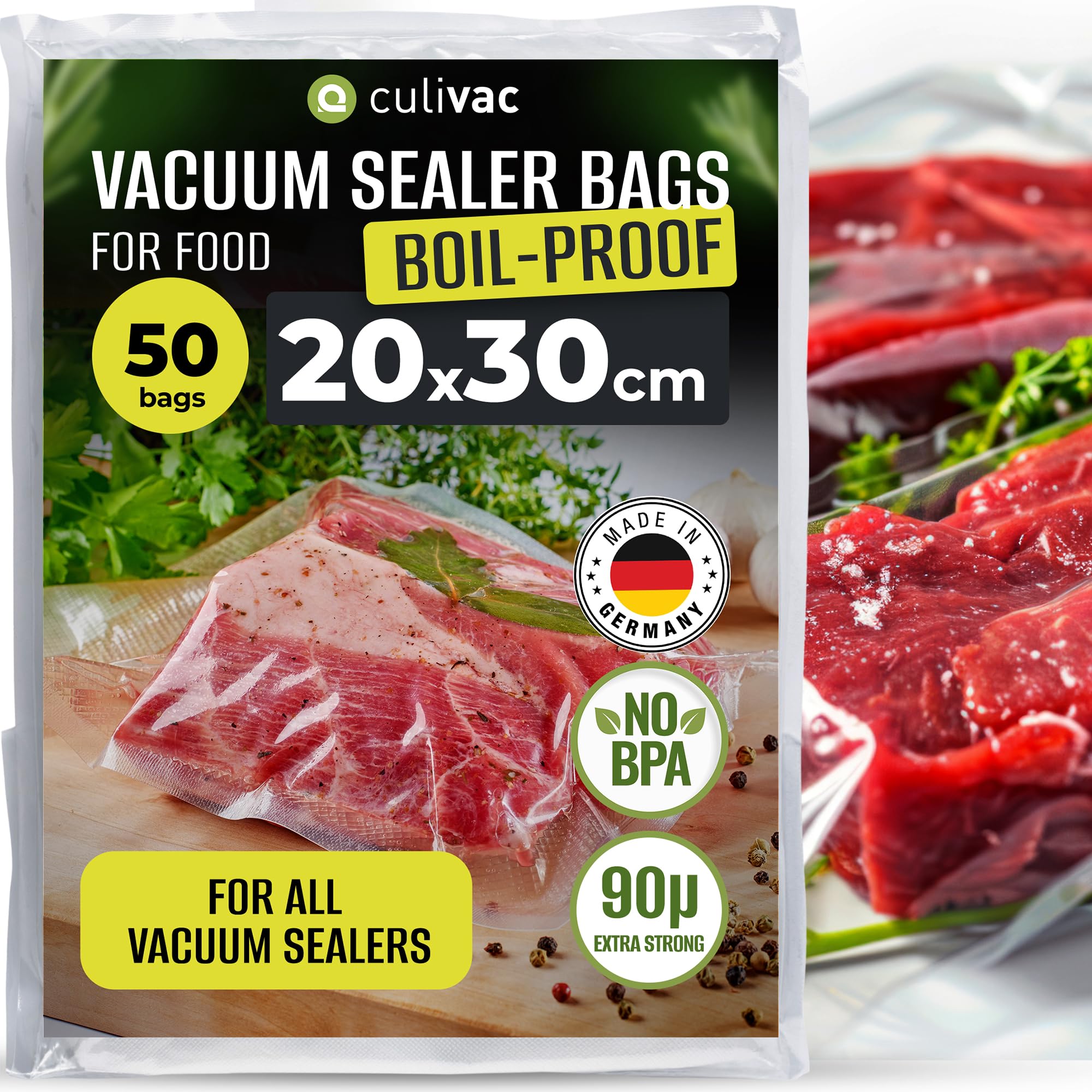 culivac Vacuum Sealer Bags "Boilproof" – Sous Vide Bags – Vacuum Bags Food – BPA-Free Embossed Food Vacuum Bags – Vacuum Seal Bags – Pre-Cut – 50 Pack – 20x30cm