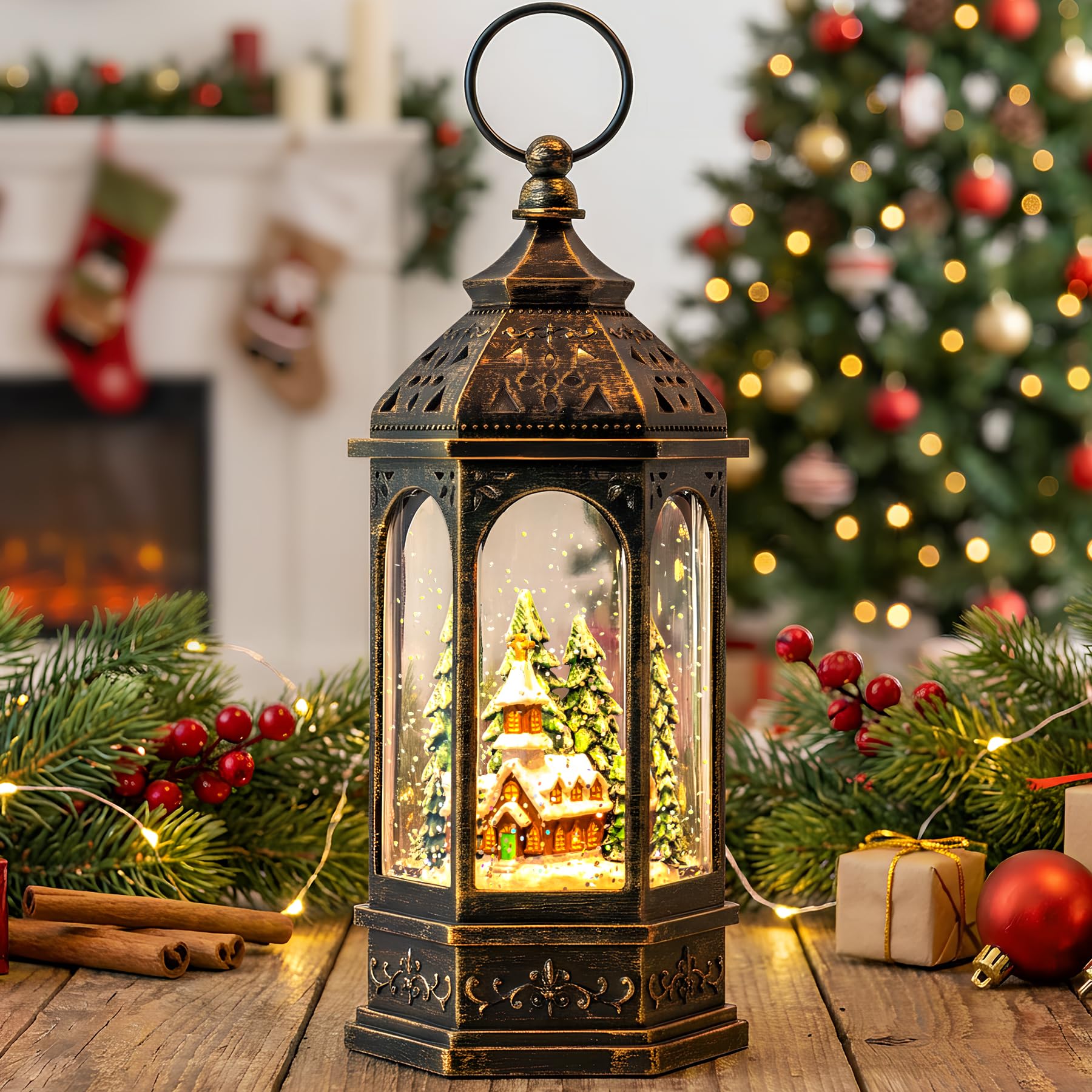 Christmas Snow Globe Lantern Lighted Church Musical Snow Water Lantern Swirling Glittering Home Decoration and Gift, Battery Operated or USB Powered Image