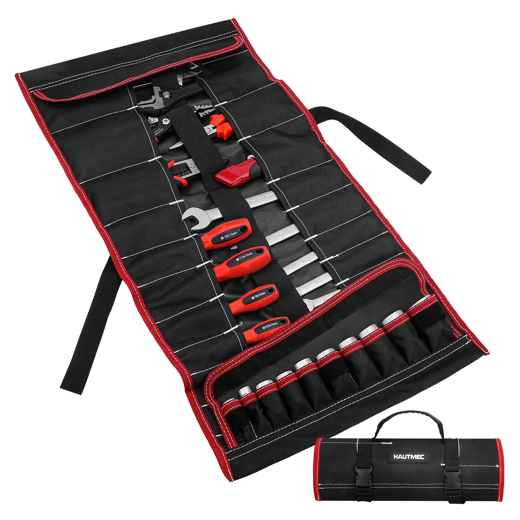 HAUTMEC 32-Pocket Tool Roll Bag, Durable Oxford Roll Up Tool Bag, Heavy-Duty Wrench & Screwdriver Organizer with Quick-Release Buckle and Reflective Strips - HT0069