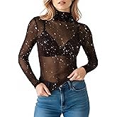 MANGOPOP Women's Glitter Mesh Top Long Sleeve Sexy See Through Sheer Stretchy Sparkly Going Out Tops