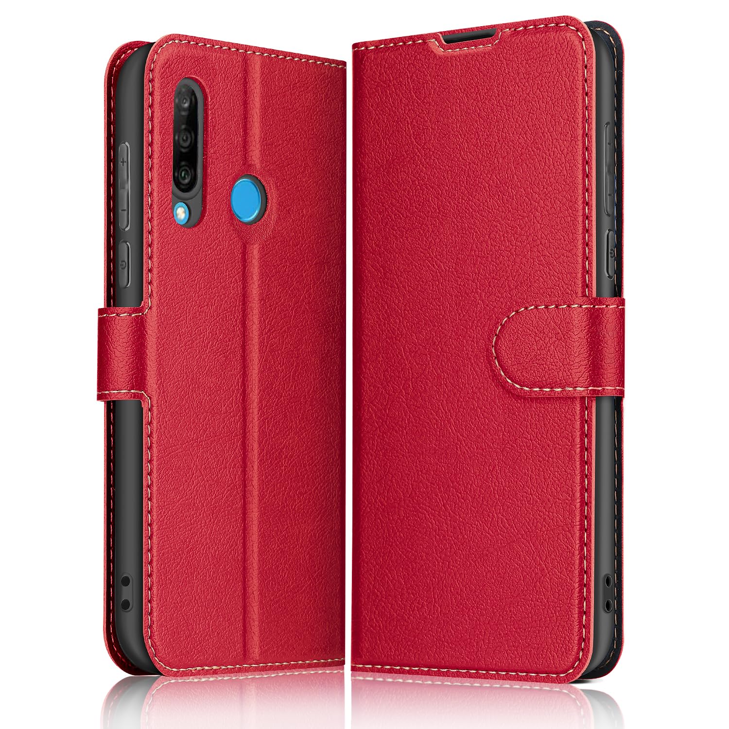 ELESNOW Phone Case for Huawei P30 Lite, Flip Wallet PU Leather Card Holder with RFID Blocking Magnetic Closure Stand Cover for Huawei P30 Lite (Red)