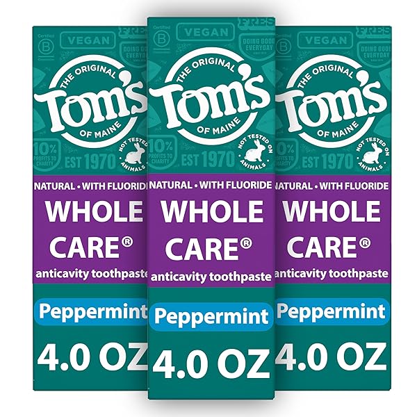 TOM’S OF MAINE WHOLE CARE NATURAL TOOTHPASTE WITH FLUORIDE, PEPPERMINT, 4 OZ. 3-PACK (PACKAGING MAY VARY)