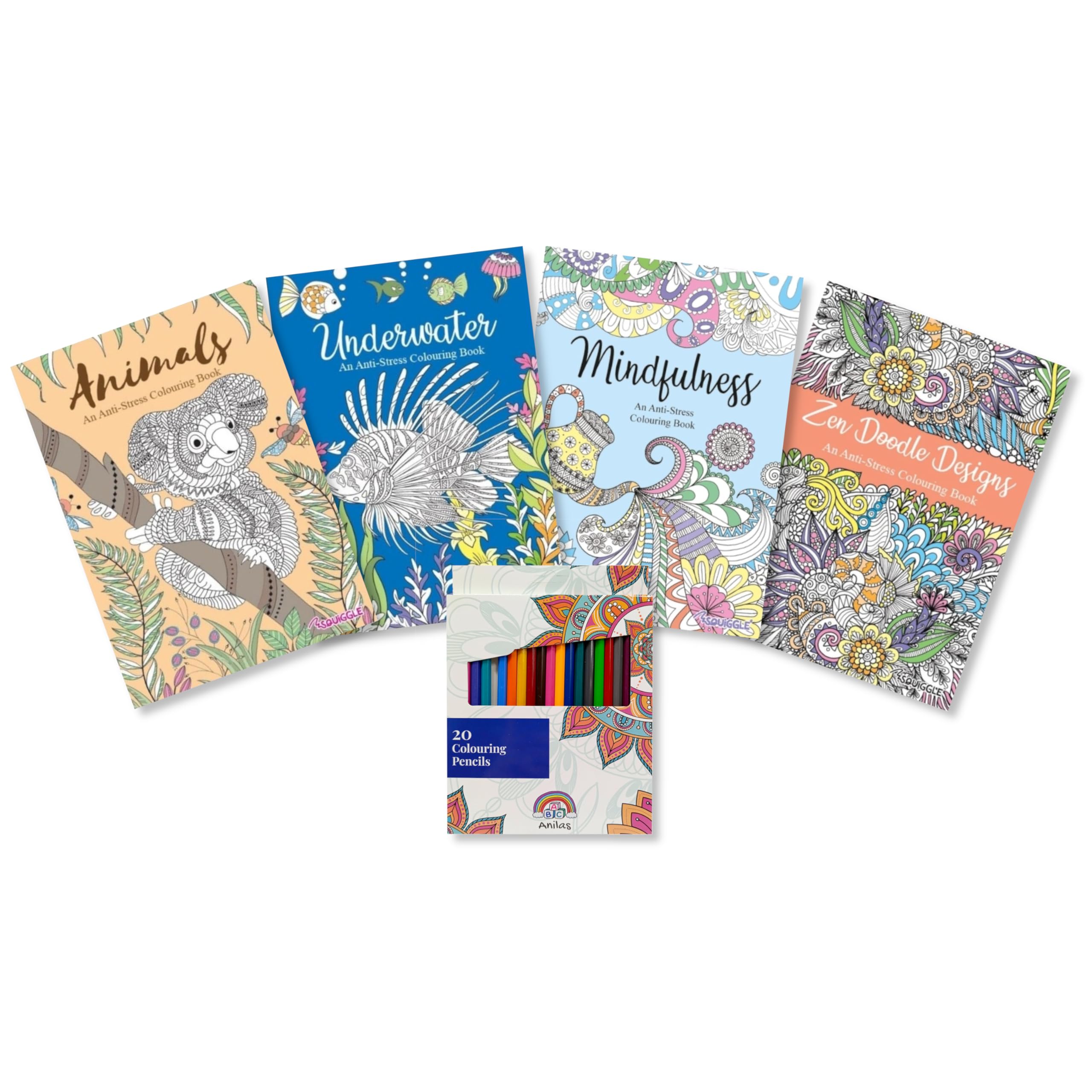 Anila's Set of 4 Relaxing & Soothing Colouring Books with 20 Colouring Pencils, Containing Therapeutic Designs to Inspire a State of Calm & Relaxation to Help Eliminate Stress (SET8)
