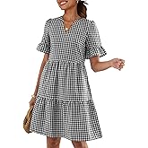 Caracilia Dresses for Women Summer 2026 Striped V Neck Ruffle Sleeve A Line Tiered Flowy Casual Mini Beach Dress with Pockets