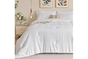 Newspin Queen Comforter Set, White Boho 7 Pieces Bed in a Bag, Cationic Dyeing Bed Set Jacquard Tufted Shabby Chic Bedding Set for All Season with Comforter, Sheets, Pillowcases & Shams