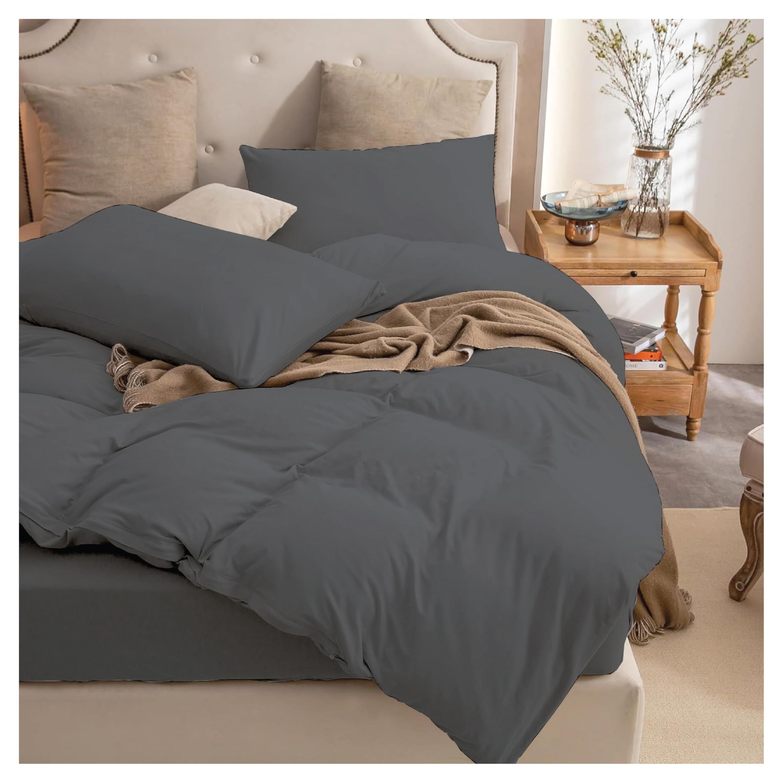 Ev Dekor®Duvet Cover Sets Charcoal - Soft Microfibre Polyester Double Duvet Cover with Pillow cases - Bedding Quilt Cover Set (Double) Dark Grey