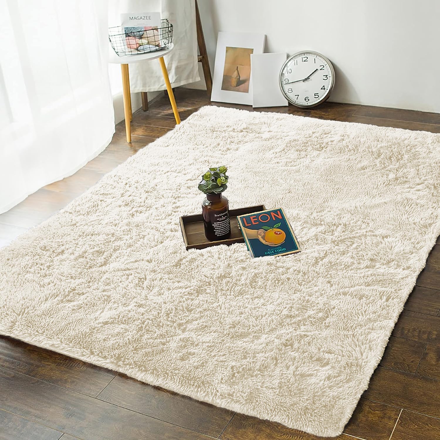 MOONLIGHT20015 Rugs Living Room – Cream Area Rugs for Bedroom Non Slip – Modern Super Soft Large Fluffy Shaggy Thick Pile Non-Shedding Rug – Plush Carpet for Dining Room, 80cm x 150cm