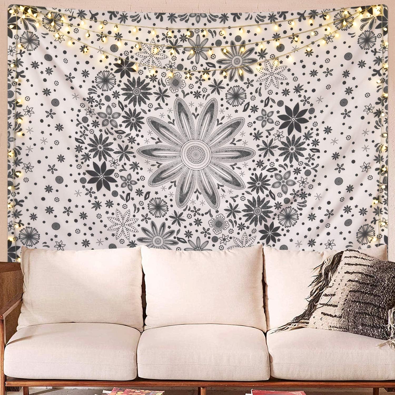 Pknoclan Bohemian Tapestry Dotted Daisy Medallion Tapestry Flower Leaves Mandala Tapestry Sketched Boho Art Tapestry for Room(Off White, 51.2 x 59.1 inches)