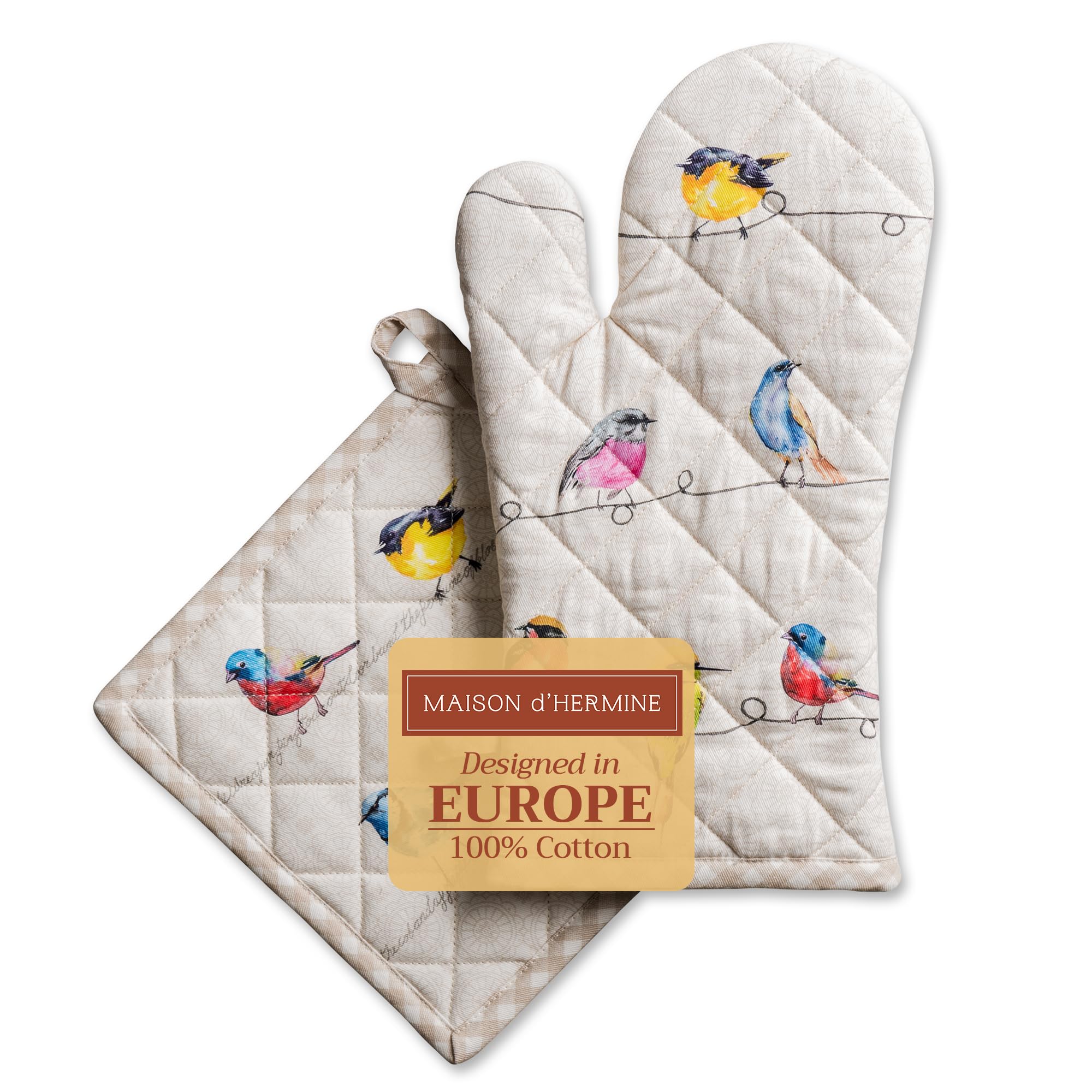 Maison d' Hermine Birdies on Wire 100% Cotton Oven Gloves Set (19cm x 33cm) and Pot Holders (20cm x 20cm) for Barbecue, Baking, Oven, Microwave, Grilling, Spring/Summer, Easter
