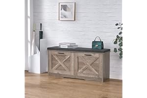Homleke Shoe Storage Bench with 2 Flip Drawers, Entryway Bench with Padded Seat Cushion, Shoe Cabinet with 2 Barn Doors, 11.8" D x 39.4" W x 18.4" H, for Entryway, Living Room, Bedroom, Greige