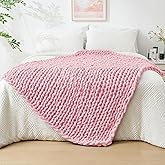Bigacogo Chunky Knit Throw Blanket for Couch, 40x60 inches, 100% Hand Knitted with Thick Jumbo Chenille Yarn, Cozy Soft Large Rope Knot Cable Crochet Blankets for Sofa Bed Living Room, Blush Pink
