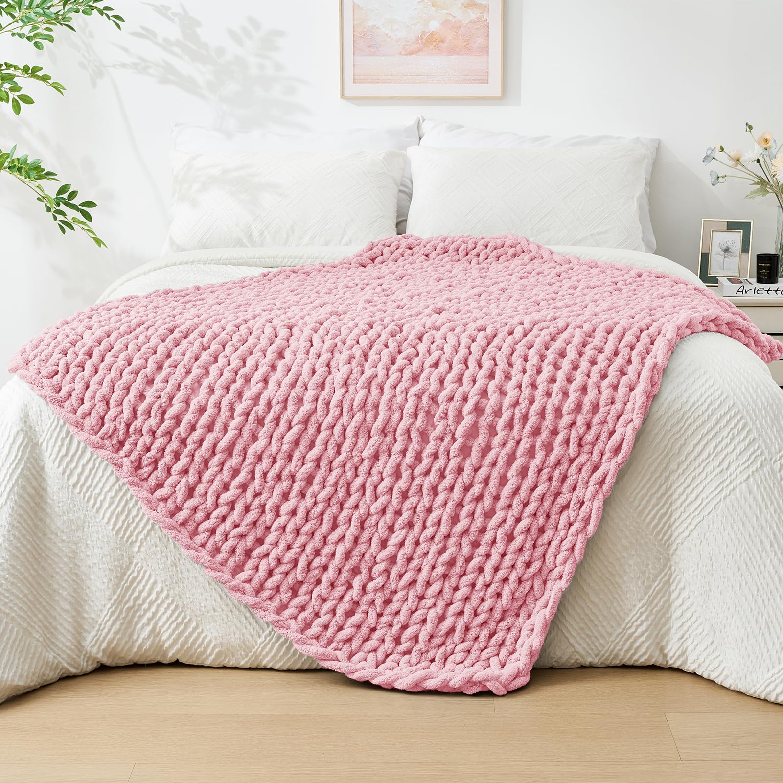 Photo 1 of Bigacogo Chunky Knit Throw Blanket for Couch, 40x60 inches, 100% Hand Knitted with Thick Jumbo Chenille Yarn, Cozy Soft Large Rope Knot Cable Crochet Blankets for Sofa Bed Living Room, Blush Pink