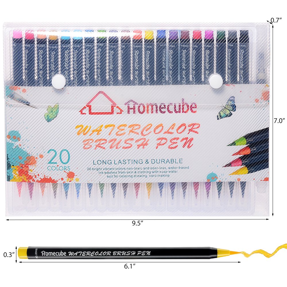 Watercolor Brush Pens, Homecube 20 Colors Water Based Painting Markers with a Water Coloring Brush for Children & Adults Coloring Books, Manga, Comic, Calligraphy
