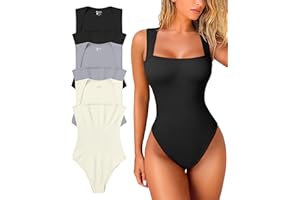 OQQ Women's 3 Piece Bodysuits Sexy Ribbed Strappy Square Neck Sleeveless Tummy Control Tank Tops Bodysuits