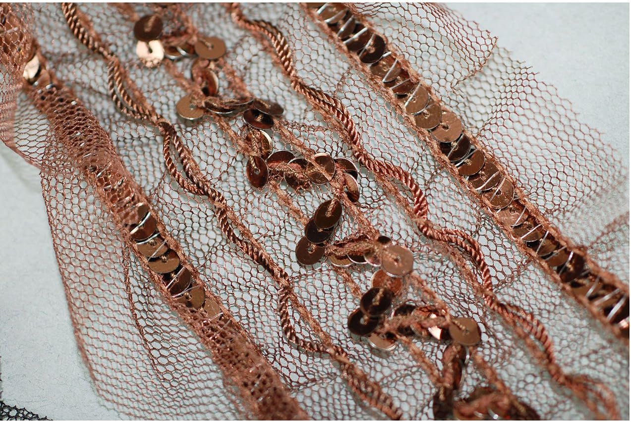 Neotrims Wide Sequins Lace Mesh Ribbon Metallic Decorative Border Trimming By The Yard. Beautiful Colours of Black & Brown Available. Great Price Limited Edition Exclusive Stunning Decorative Border, Non Repeatable. - Brown - 1 Meter