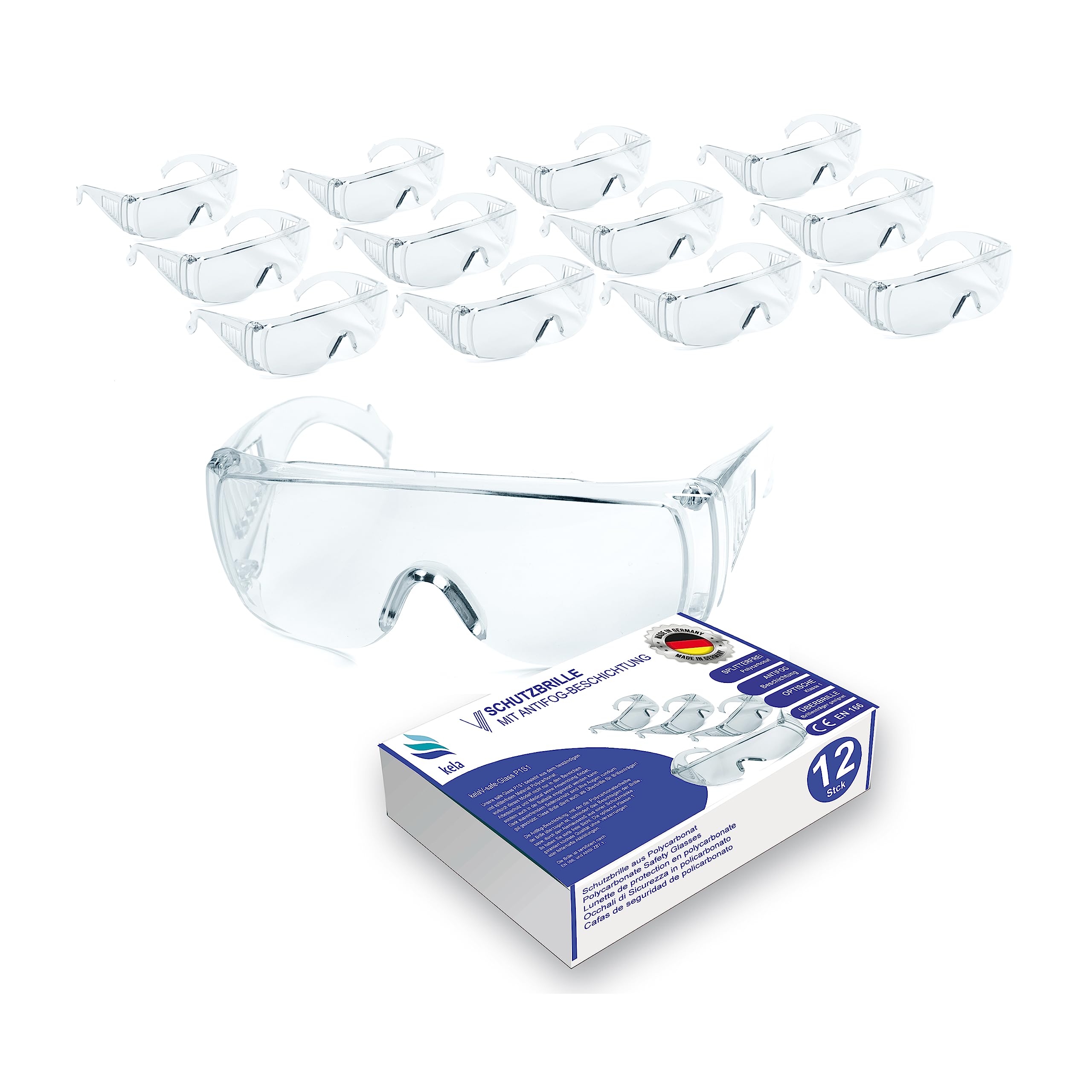 kela 12x Safety Glasses P1S1 |100% Made in Germany | Shatter-Free work safety googles eyewear with anti-fog and UV coating | Transparent eye protection, Over-glasses, airsoft sports