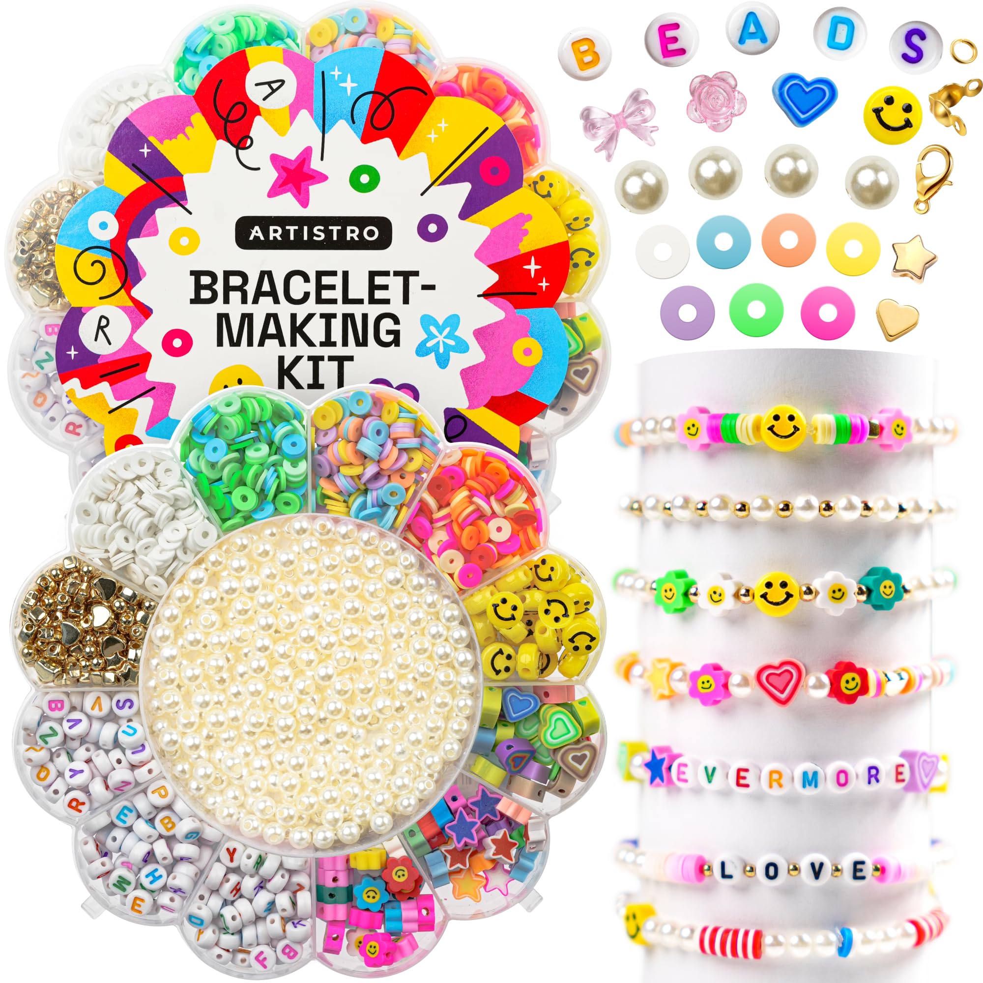 Photo 1 of **pack2*ARTISTRO 3000 Pcs Bracelet Making Kit - Friendship Jewelry Kit With Pearl and Clay Beads, Letters, Stars, Flowers, Hearts - Colorful Kandi Set for Girls, Boys, Adults