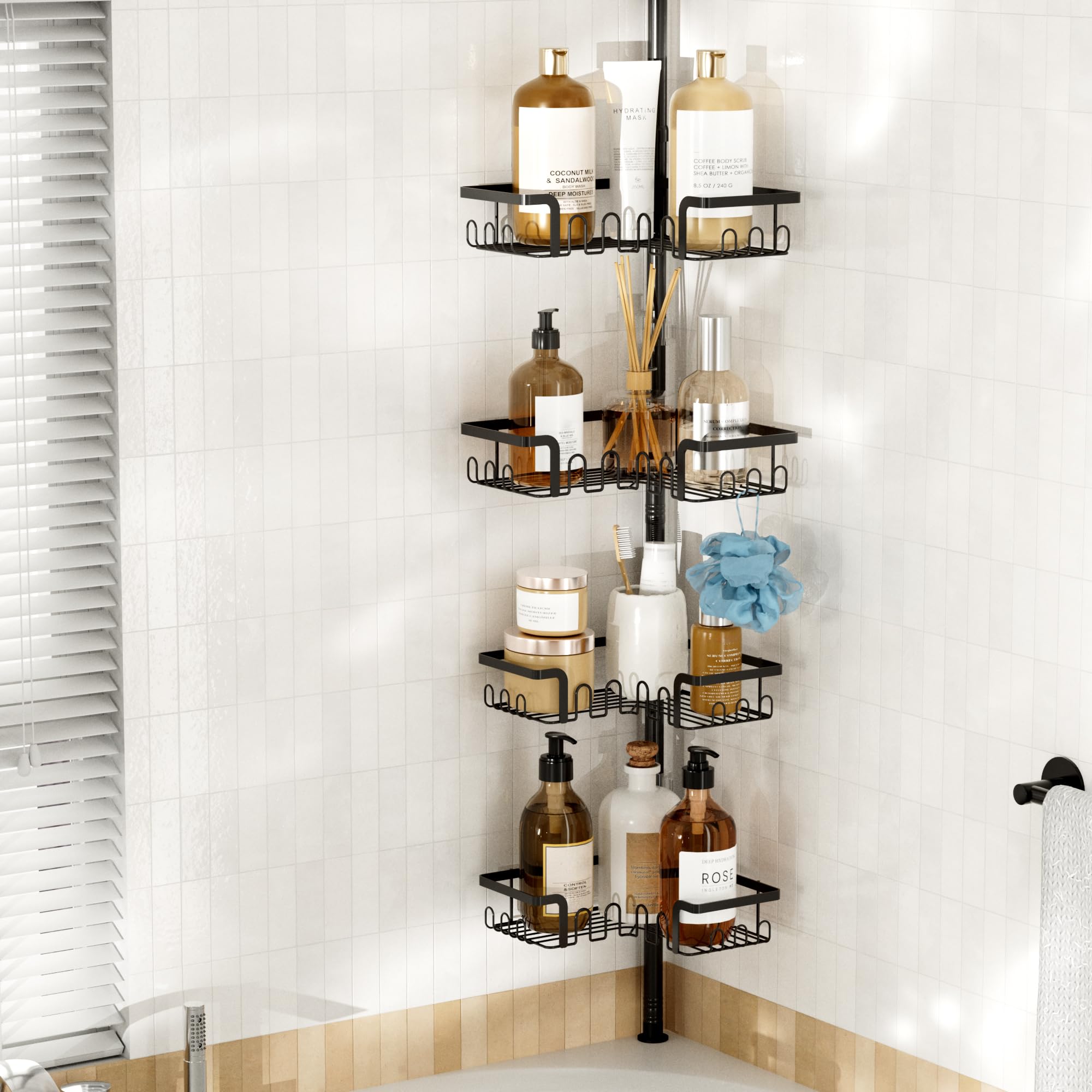 Photo 1 of THKVESN Corner Shower Caddy Tension Pole Adjustable 29–124 Inch, 4 Tier Rustproof Shower Organizer Shelf Rack, Quick Installation Bathroom Storage Shower Caddy Corner Pole, Black