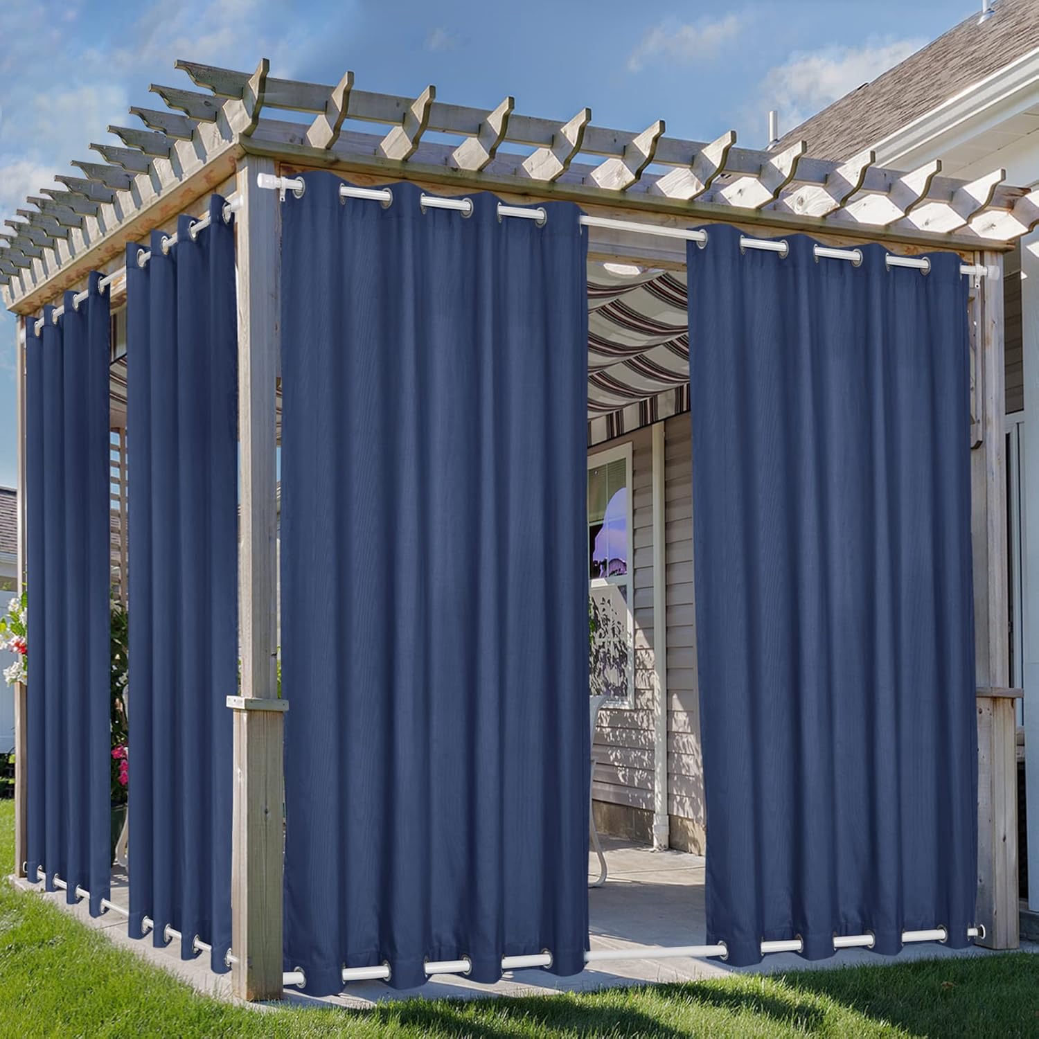 Outdoor Curtains - Fcosie Waterproof Indoor Outdoor Curtains W84 x L84 Inch - Windproof Outdoor Canvas Curtains Top and Bottom Grommet - Outside Drapes for Patio Porch Pergola Arbor Lanai Gazebo Yard - 1 Panel, Navy