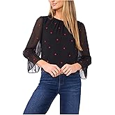 CeCe Women's 3/4 Sleeve Shirred Neck Embroidery Hearts Top